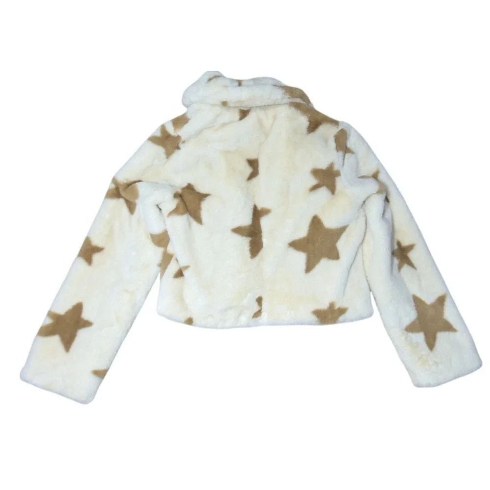 William B. Star Faux Fur‎ Jacket Small Cropped Cozy Teddy Beige Stars